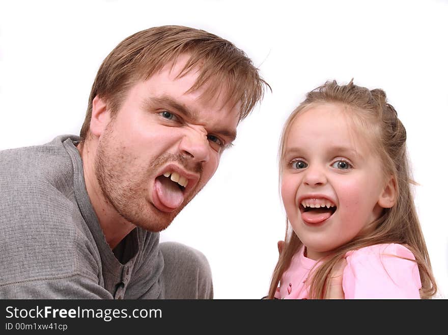 Father and his daughter on the white background. Father and his daughter on the white background