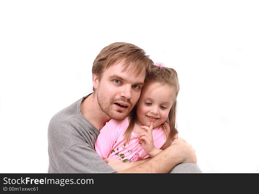 Father and his daughter on the white background. Father and his daughter on the white background