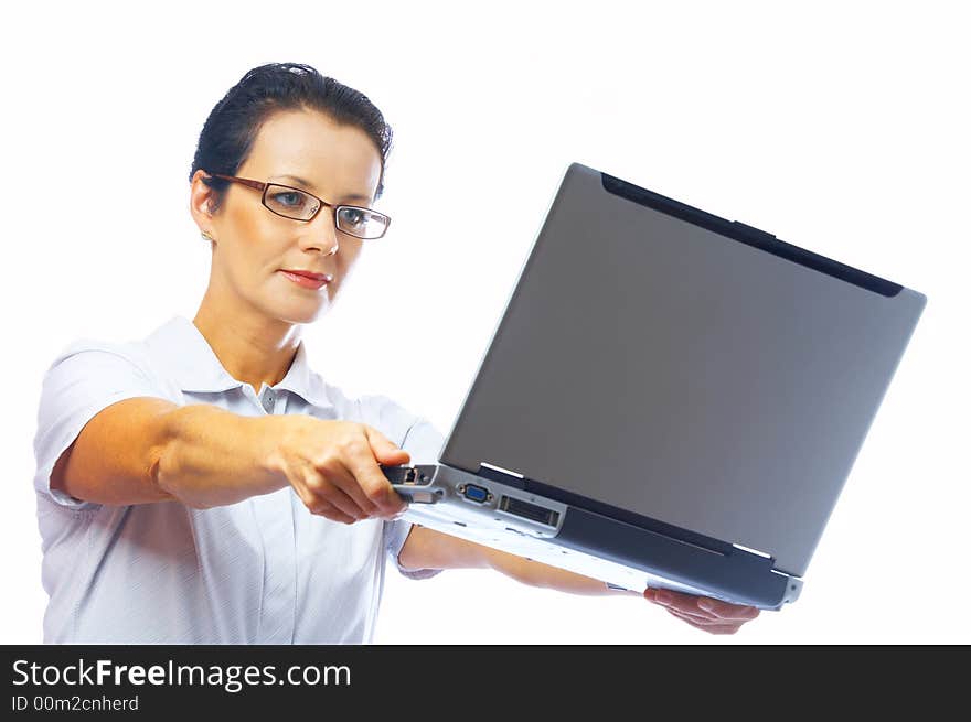 Portrait of  businesswoman and a laptop on white back. Portrait of  businesswoman and a laptop on white back