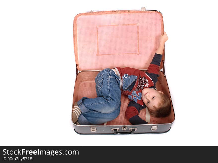 Boy in the old bag on the white background. Boy in the old bag on the white background