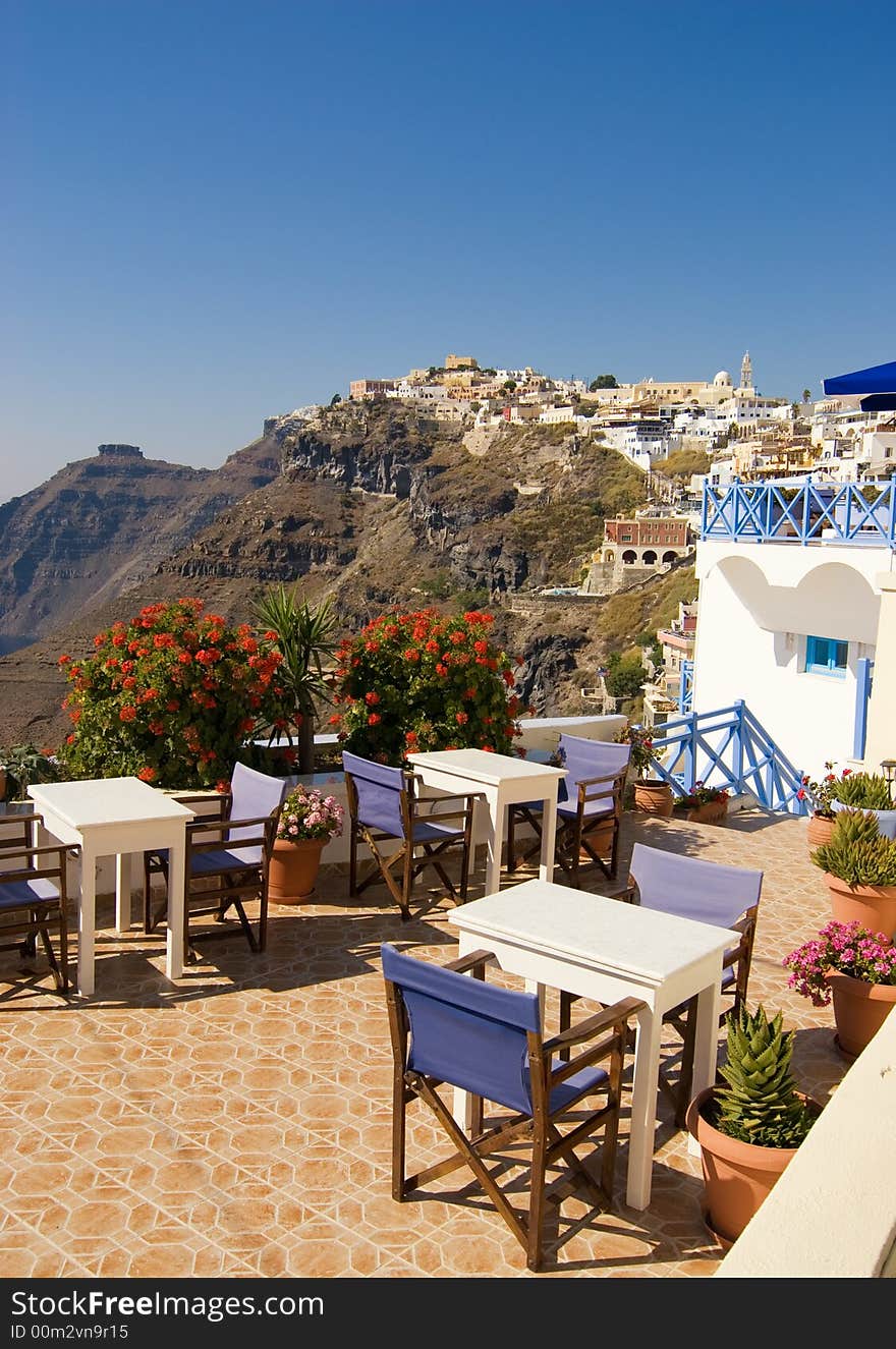 Restaurant with a beautiful landscape view (Santorini Island, Greece). Restaurant with a beautiful landscape view (Santorini Island, Greece)