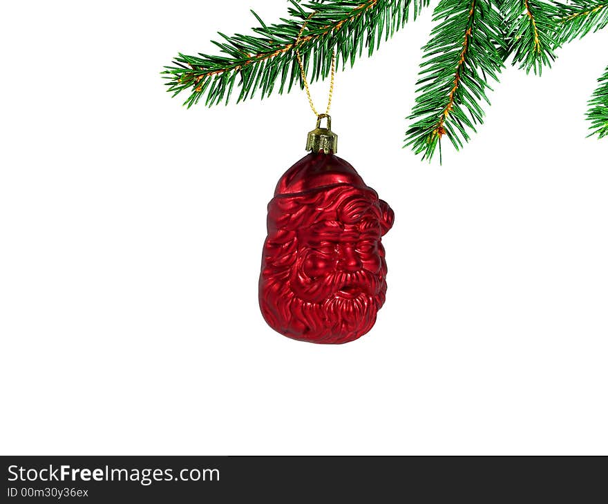 Red Santa Claus. Glass ball hung on the Christmas tree. On the white background. Red Santa Claus. Glass ball hung on the Christmas tree. On the white background.