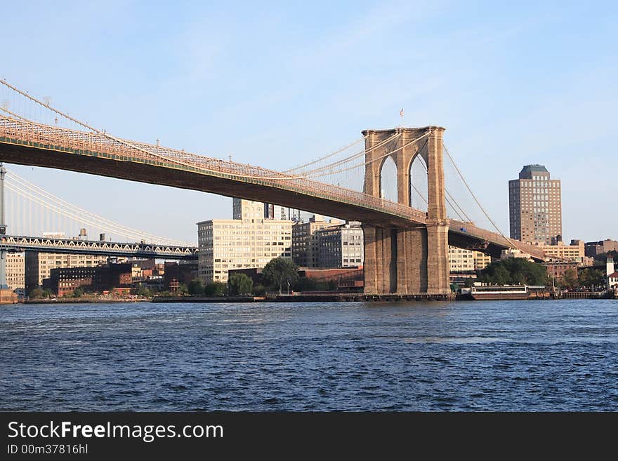 Brooklyn bridge looking east from south street seaport Manhattan