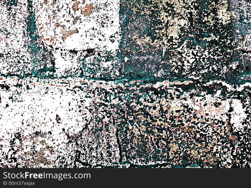 Deteriorating painted brick wall stylized with grunge effects (part of a photo illustration series). Deteriorating painted brick wall stylized with grunge effects (part of a photo illustration series)