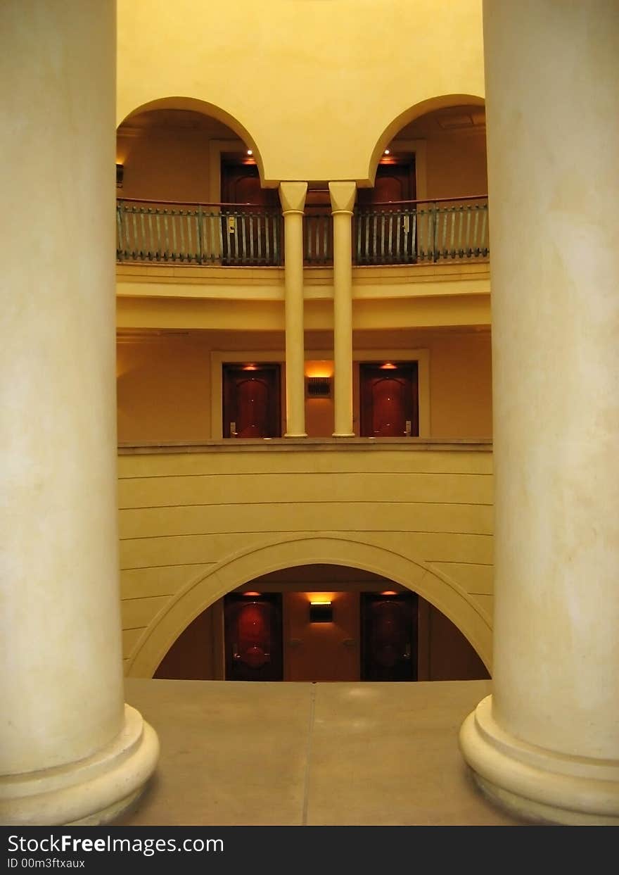 Interior design of a building. View between two columns. Interior design of a building. View between two columns