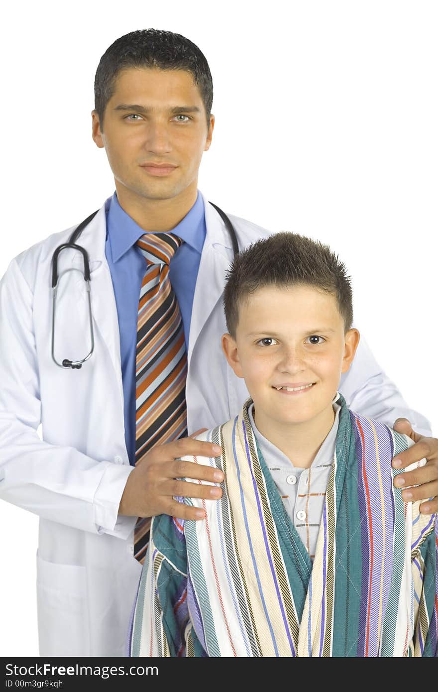 Male doctor with young patient. They're looking at camera. White background. Male doctor with young patient. They're looking at camera. White background.