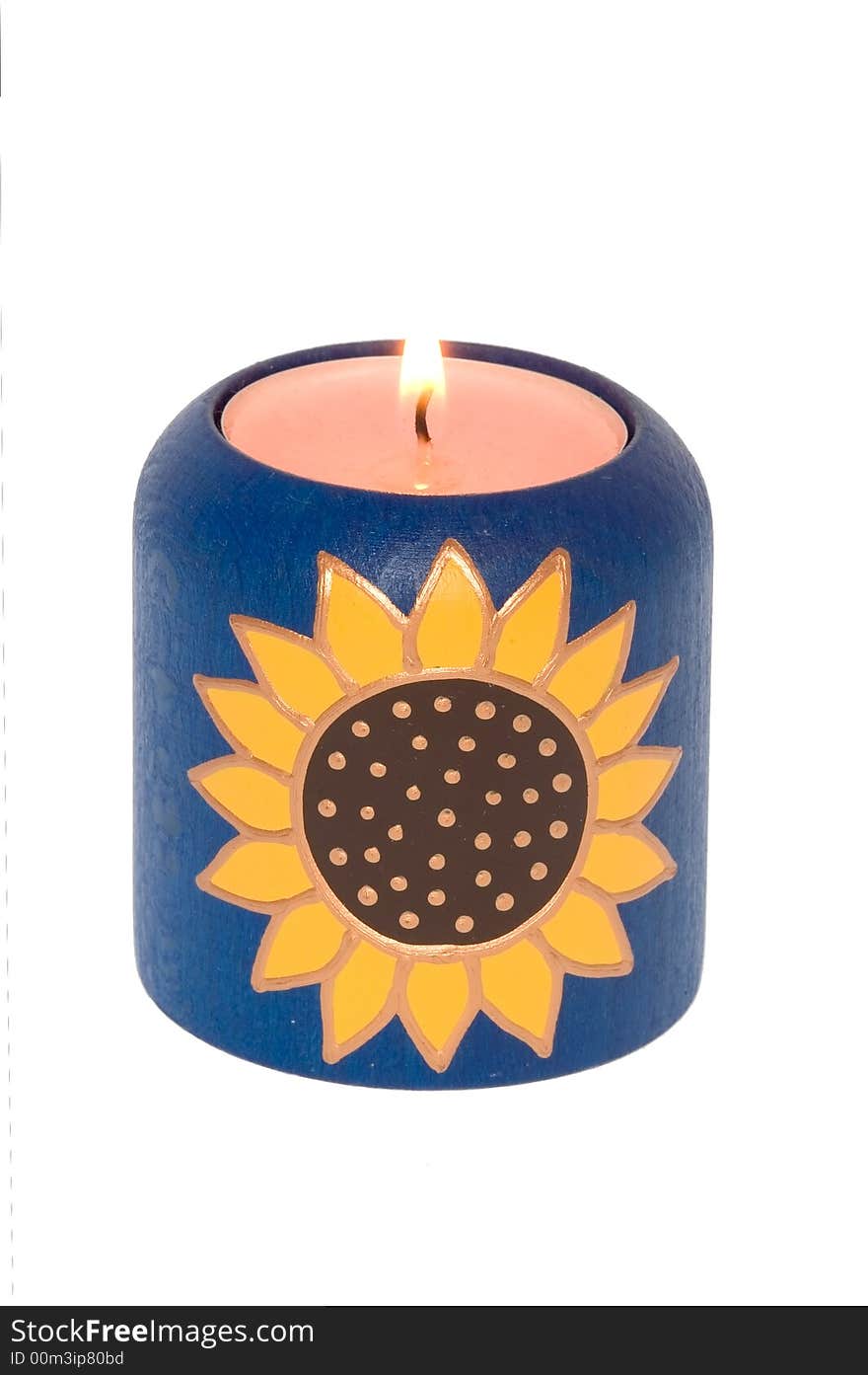 Wooden candle with Sun symbol on white background