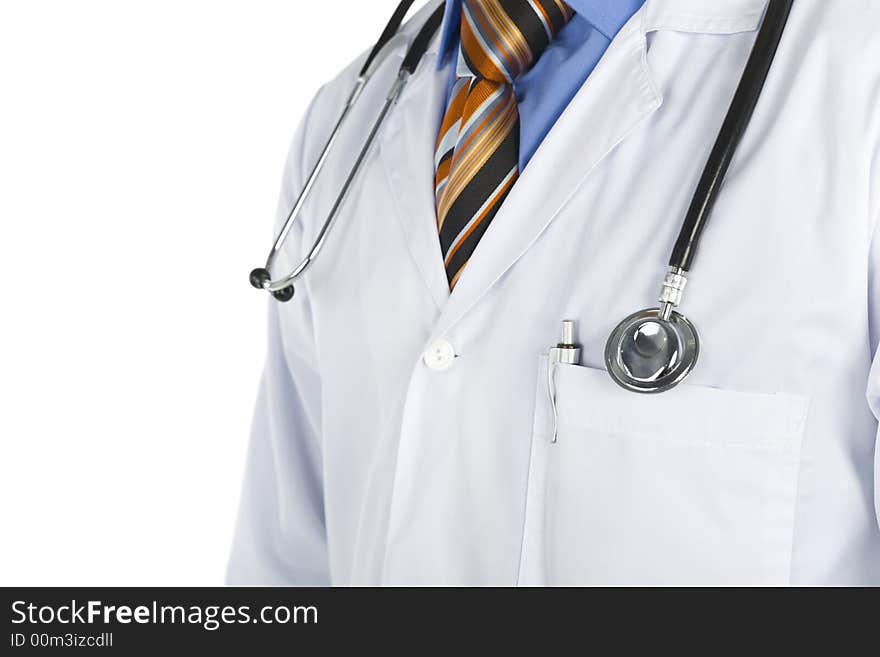 Doctor's chest with stethoscope. White background. Doctor's chest with stethoscope. White background