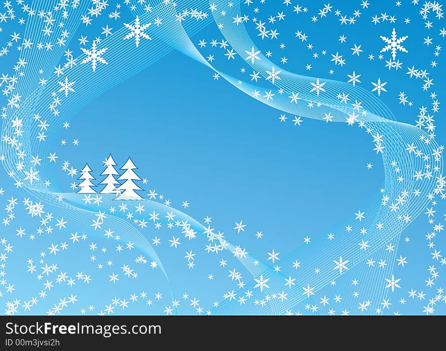 Christmas background with snowflakes and trees, area for text, vector illustration