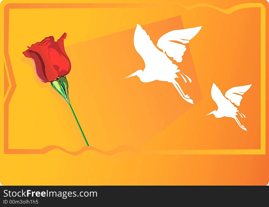 A red bud and two cranes flying in orange background. A red bud and two cranes flying in orange background