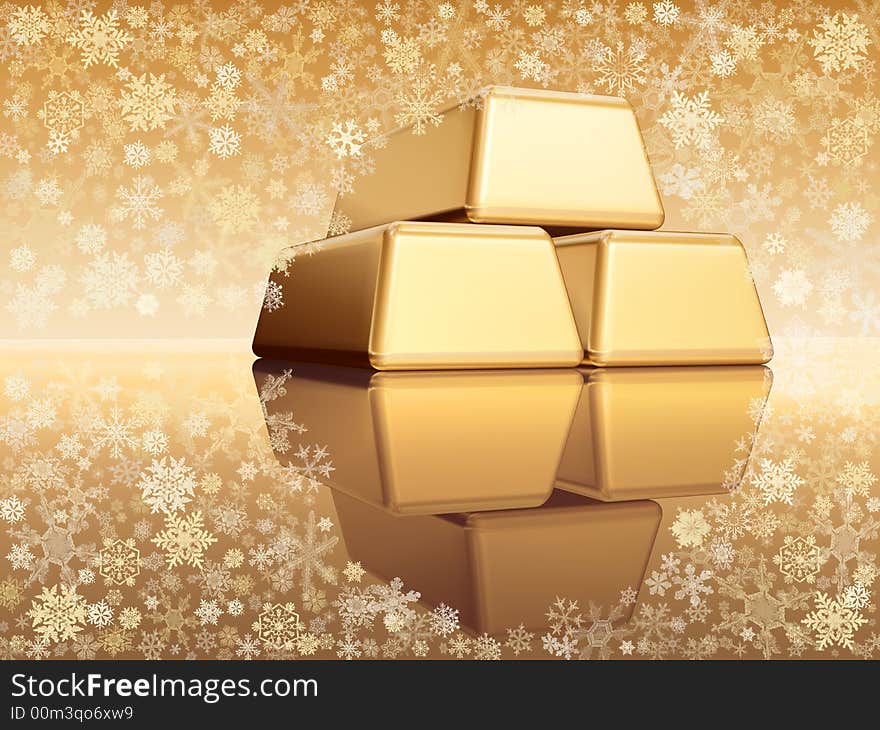 3d golden bullions with reflection over golden background with snowflakes. 3d golden bullions with reflection over golden background with snowflakes