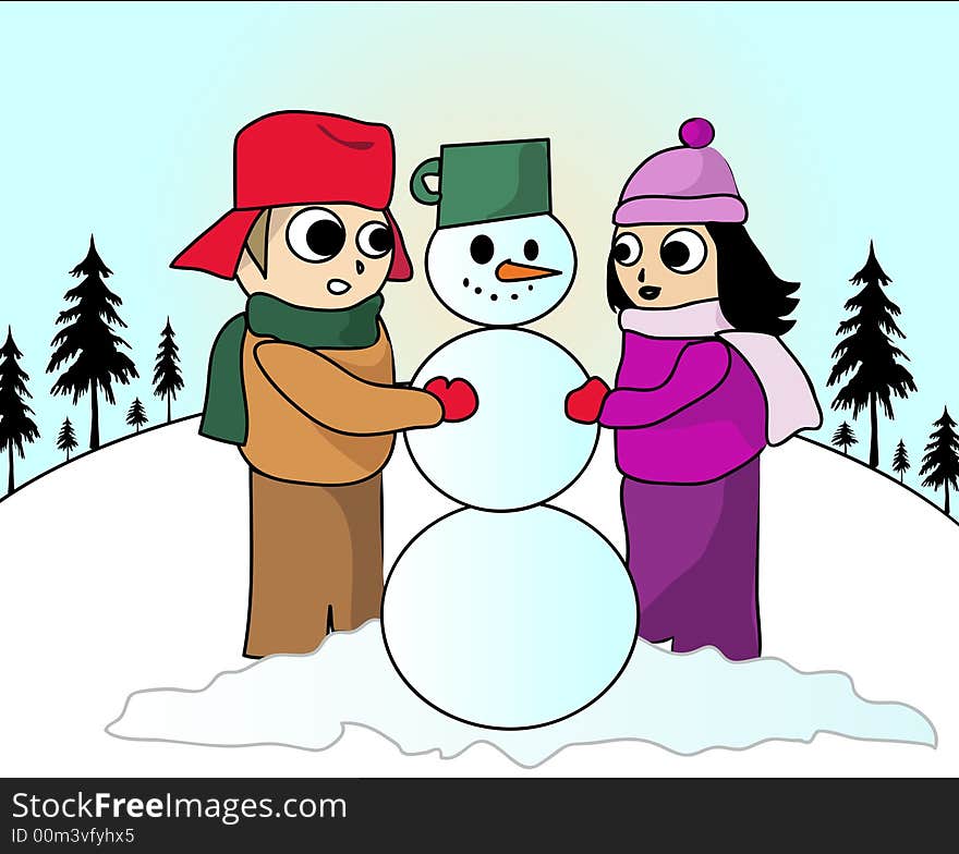 Kids building snowman cartoon kids