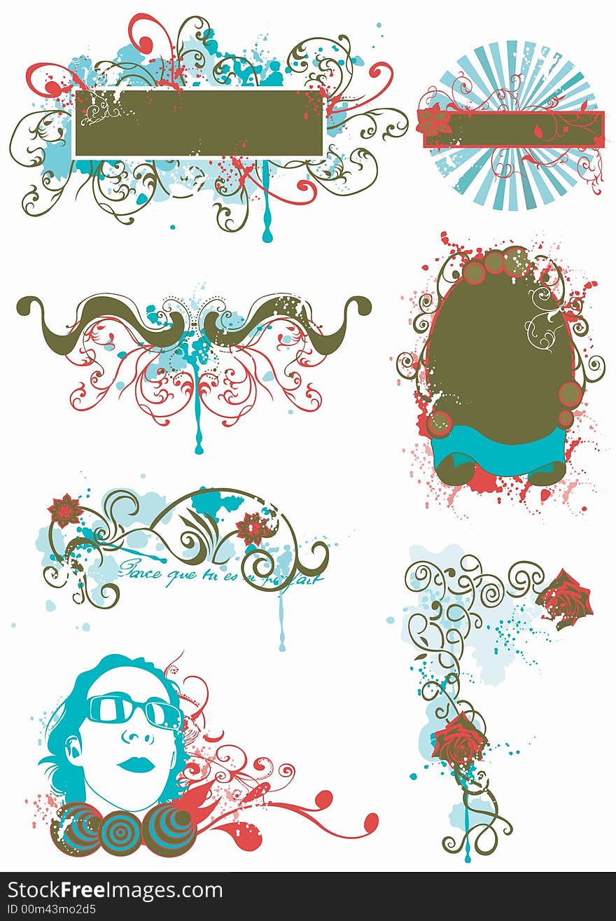 Illustration of grungy frames and decorative patterns. Illustration of grungy frames and decorative patterns