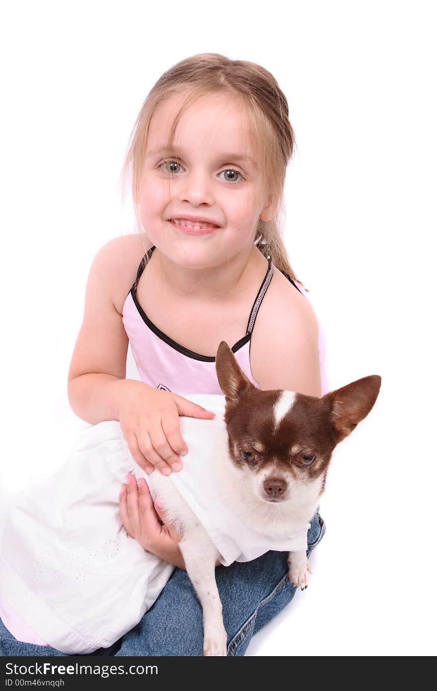 Small girl and her chihuahua on the white background. Small girl and her chihuahua on the white background