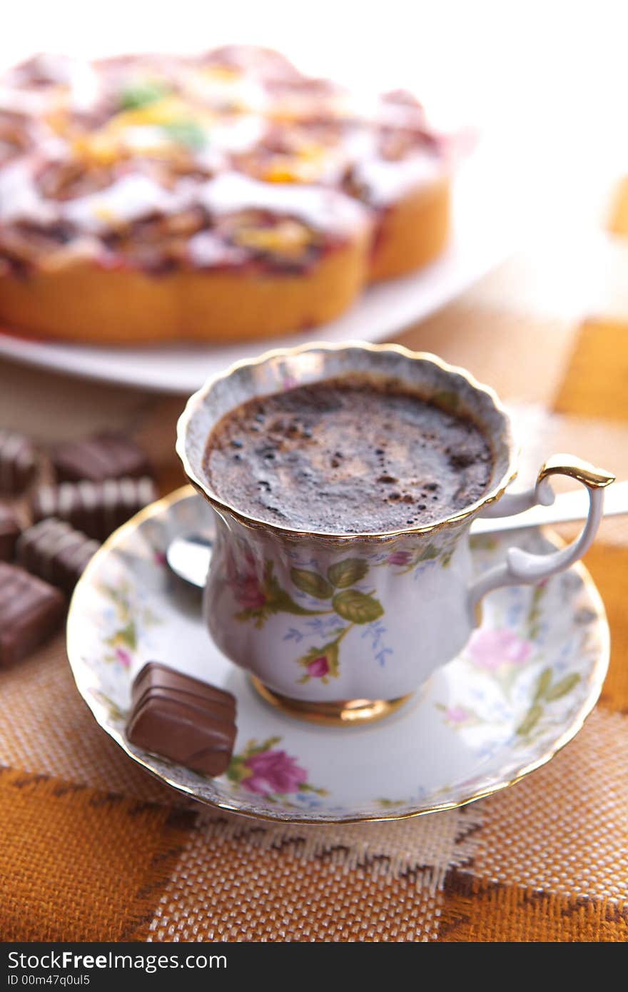 Hot fresh coffe in porcelain cup. Hot fresh coffe in porcelain cup