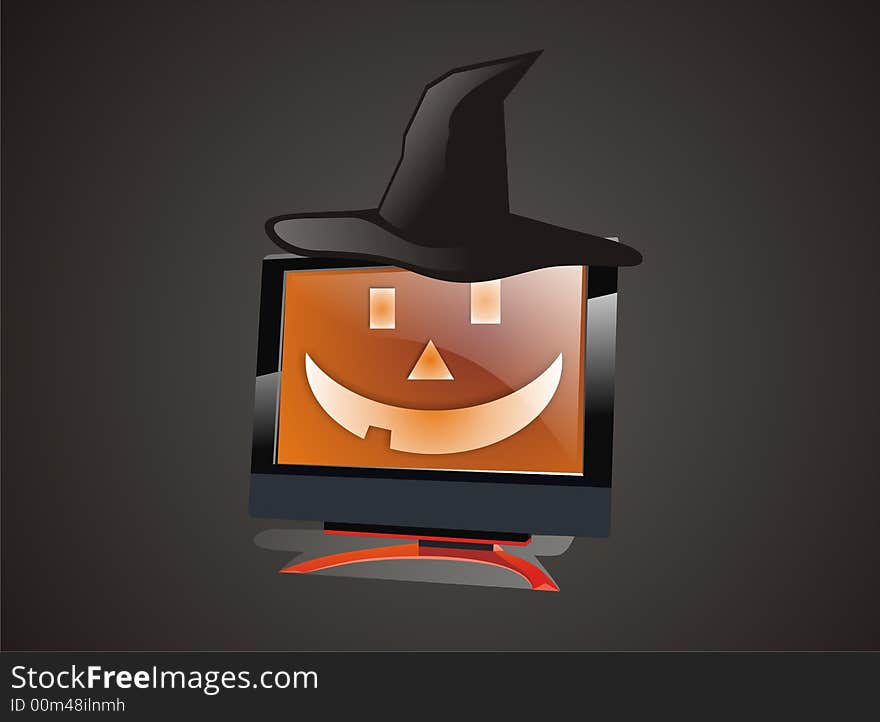 Black Halloween lcd monitor isolated with black background with Hat too. Black Halloween lcd monitor isolated with black background with Hat too