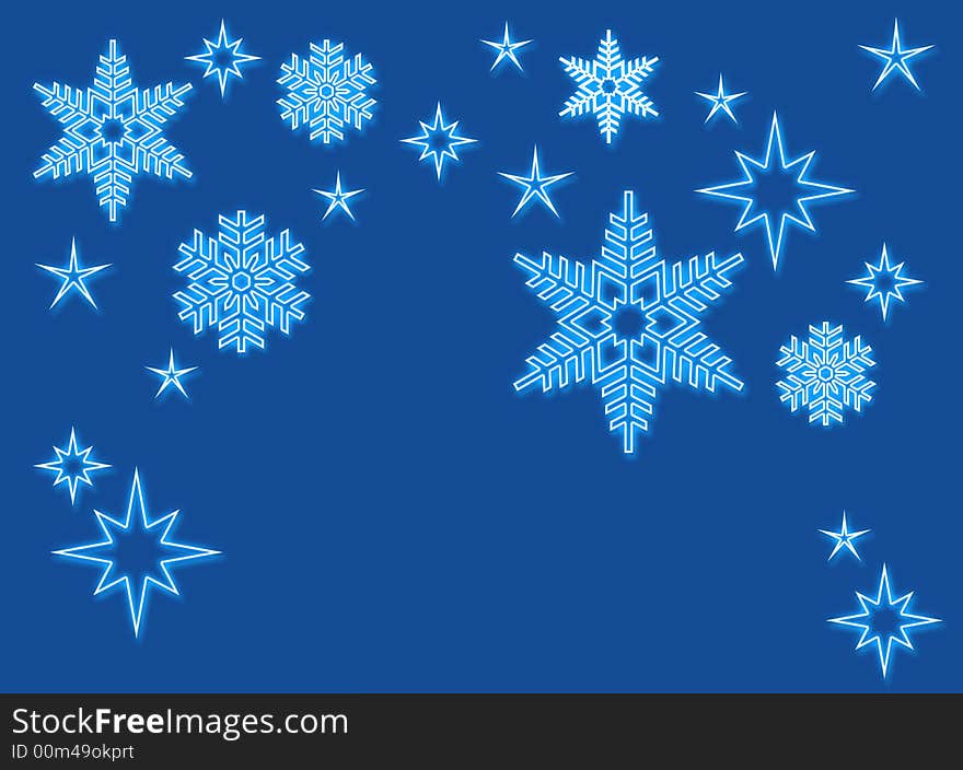 Snowflakes with neon light, blue christmas background