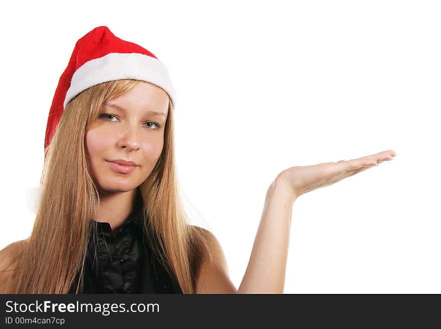 Santa girl holding something on her hand isolated over white background