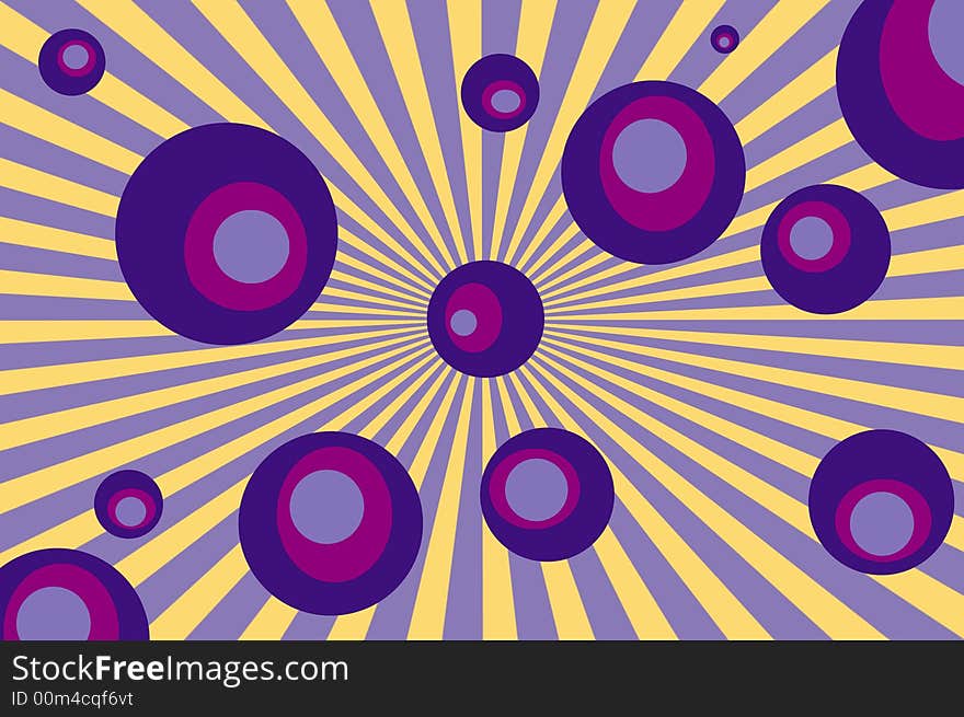 Illustration of retro circles against a sunburst background