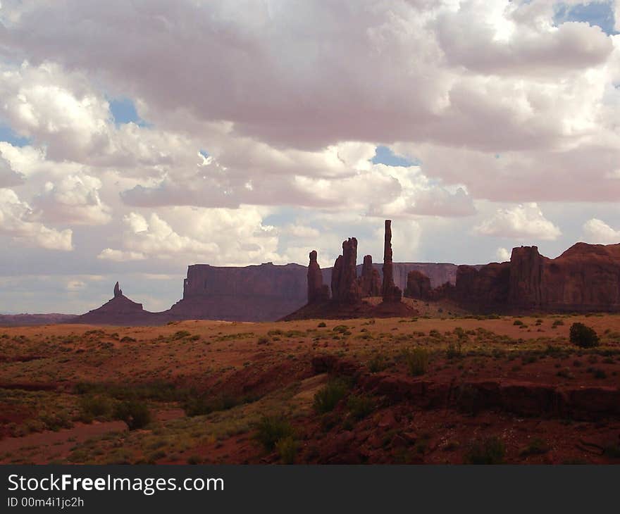 The picture of Totem Pole and Ye-Bi-Chei taken from Valley Drive in Monument Valley