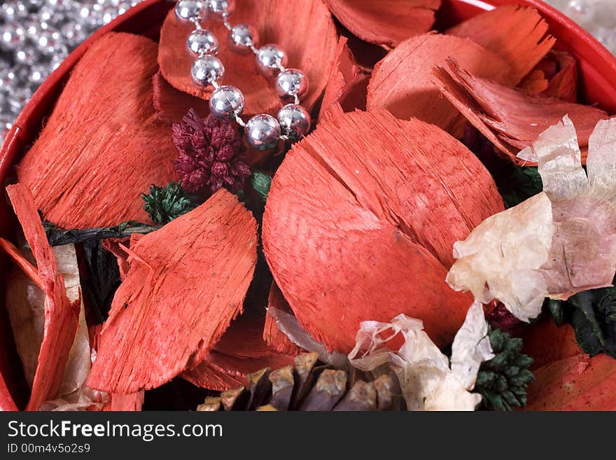 Christmas decoration setup with diverse objects