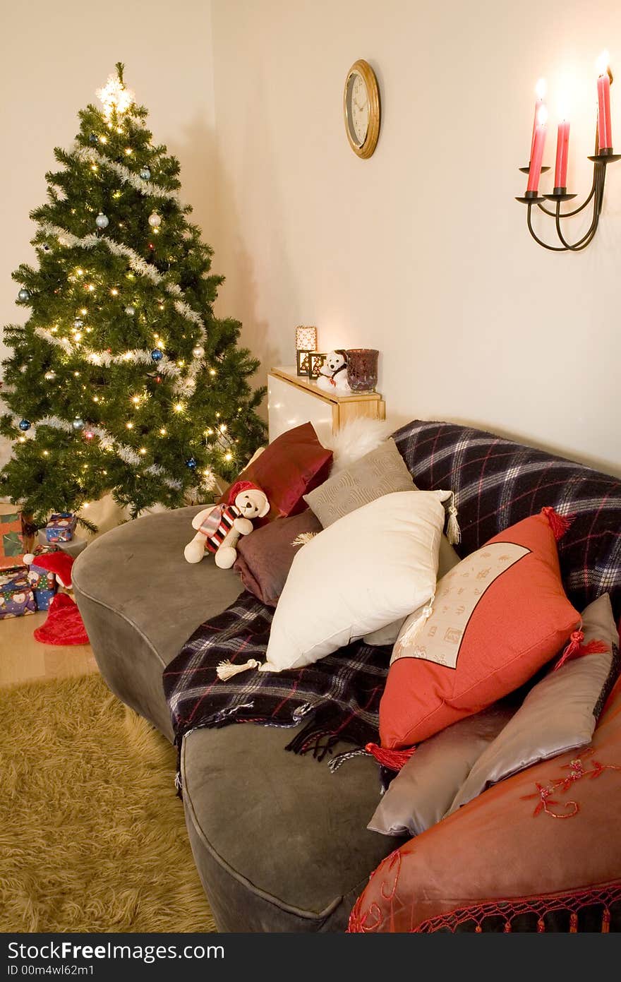 Christmas tree at night time with candles and light setup. Christmas tree at night time with candles and light setup