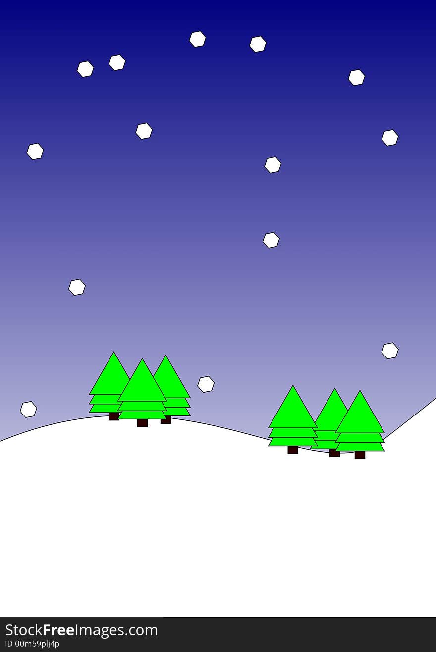 A snowy winter scene of snowflakes with pine trees, suitable for wallpaper or cards.