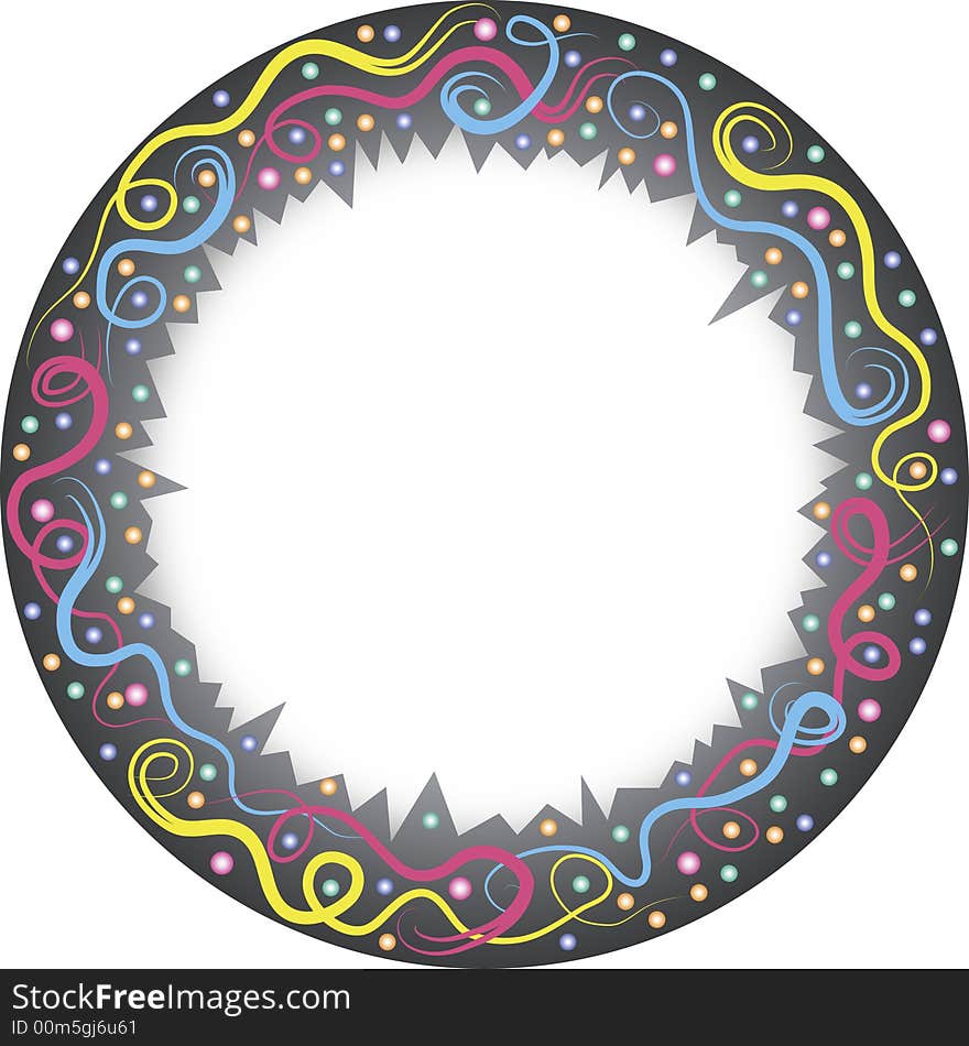 Gradient round frame with colored curved lines around and little colored plastic balls. A white frame in the middle for filling with text. Available as Illustrator-file. Gradient round frame with colored curved lines around and little colored plastic balls. A white frame in the middle for filling with text. Available as Illustrator-file