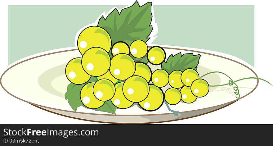 Green grapes on a white plate
with grape leavews