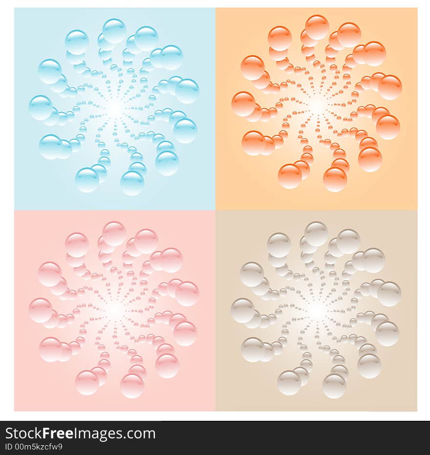 Illustration of water drops, blue, brown, orange, rose