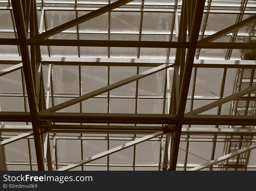 Big Window barrier in Frankfurt Airport Terminal 2 the steel construction shoring the windows in slab. Big Window barrier in Frankfurt Airport Terminal 2 the steel construction shoring the windows in slab