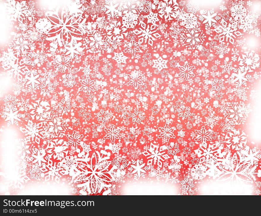 White snowflakes over light red background with feather corners. White snowflakes over light red background with feather corners