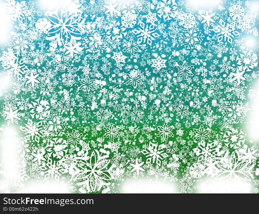 White snowflakes over green and blue background with feather corners. White snowflakes over green and blue background with feather corners