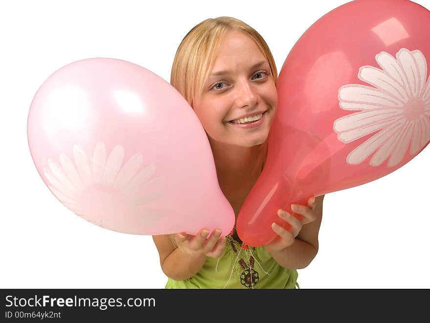 The girl with balloons on a white background