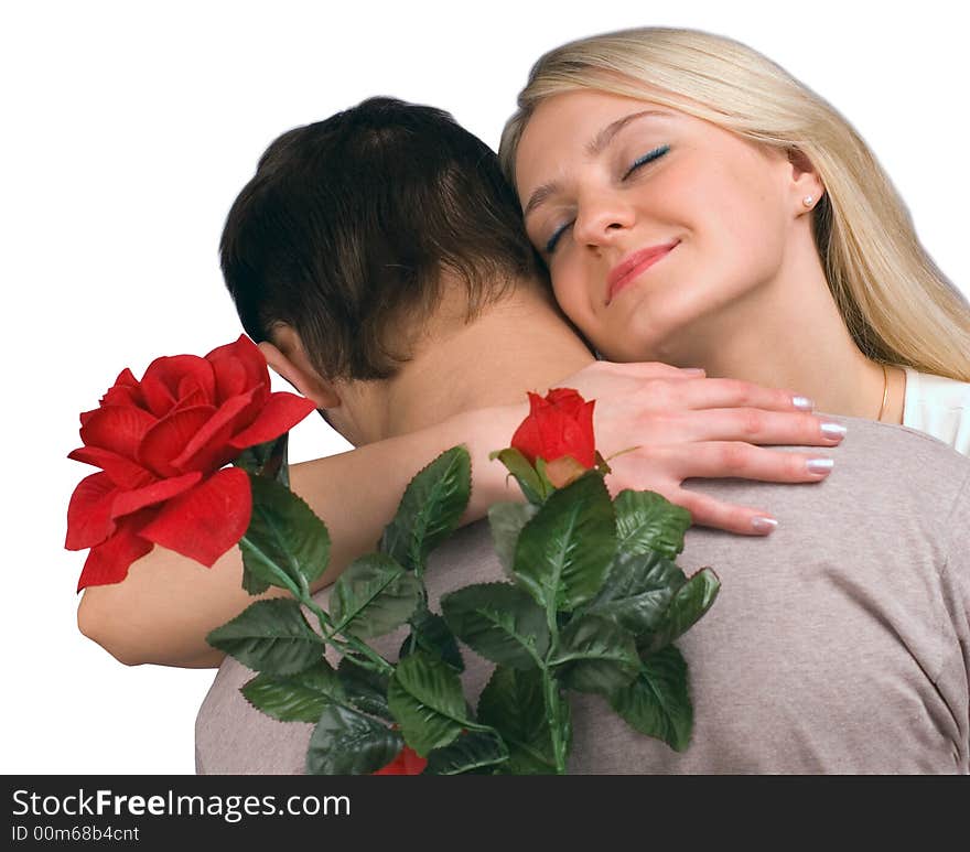 The guy, girl and a rose on white background. The guy, girl and a rose on white background