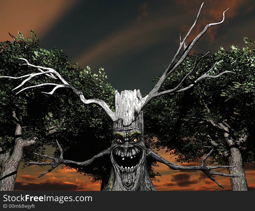 An image of a smiling but menacing spooky tree, it would make a good Halloween image. An image of a smiling but menacing spooky tree, it would make a good Halloween image.