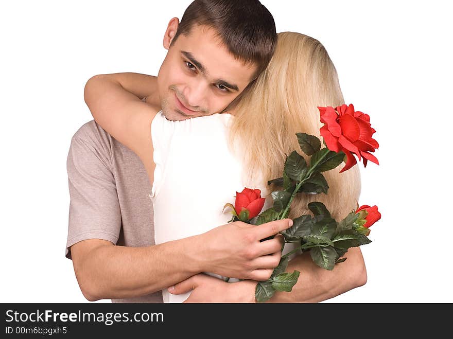 The guy, girl and a rose on white background. The guy, girl and a rose on white background