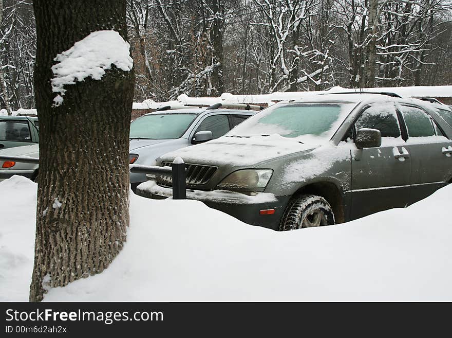 Cars in the winter under a deep snow