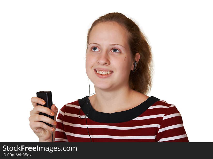 Girl with mp3 player, isolated on white background