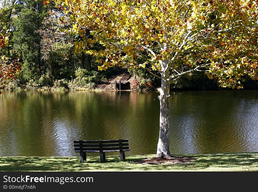 A lake side bench awaits one to sit and rest on a sunny day in early autumn. A lake side bench awaits one to sit and rest on a sunny day in early autumn.