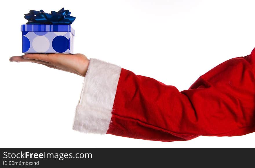 Santa clause holding a blue box present. Santa clause holding a blue box present