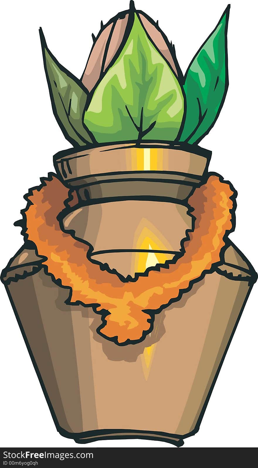 Illustration of Sacred-Pot ornamented with coconut and betel leaves.