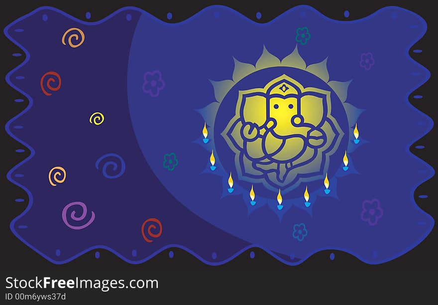 Illustration of Lord Ganesh in radiant blue light with flowers