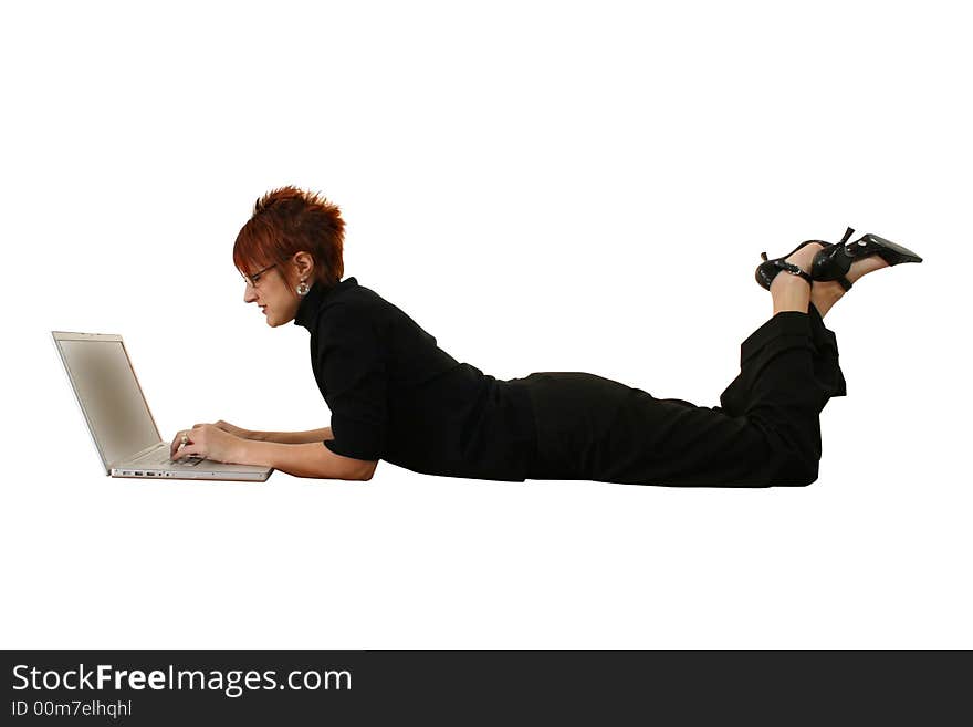 Beautiful thirty something woman in black on laptop. Beautiful thirty something woman in black on laptop