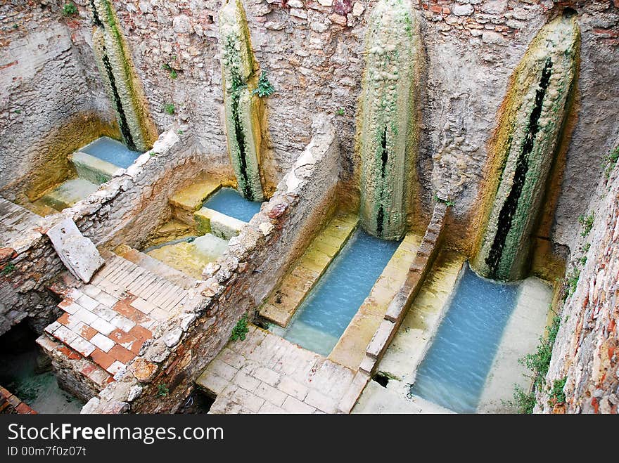 The ruins ancient thermal Roman bath
in Tuscaby with sulphurated water. The ruins ancient thermal Roman bath
in Tuscaby with sulphurated water