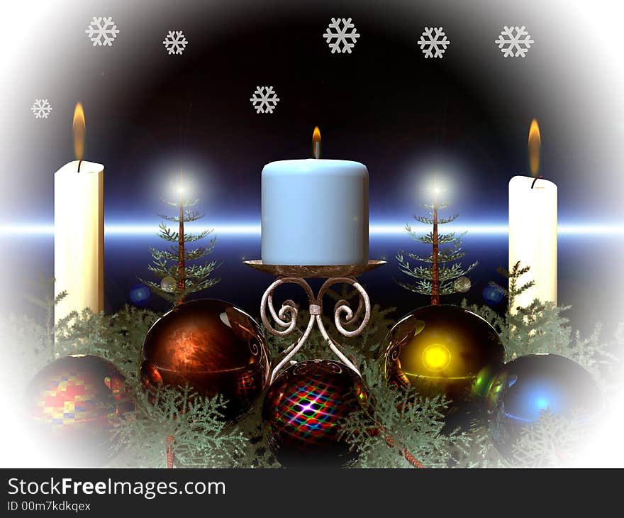 Christmas decoration and candle,candle and snow,ball and tree