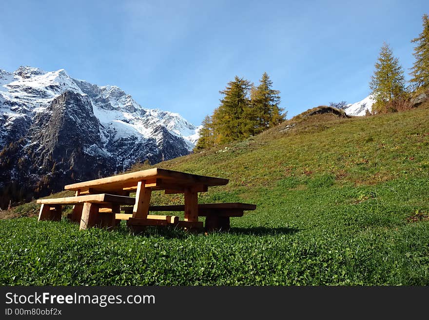 Wooden desk in a mountain rural house;west alps, Italy