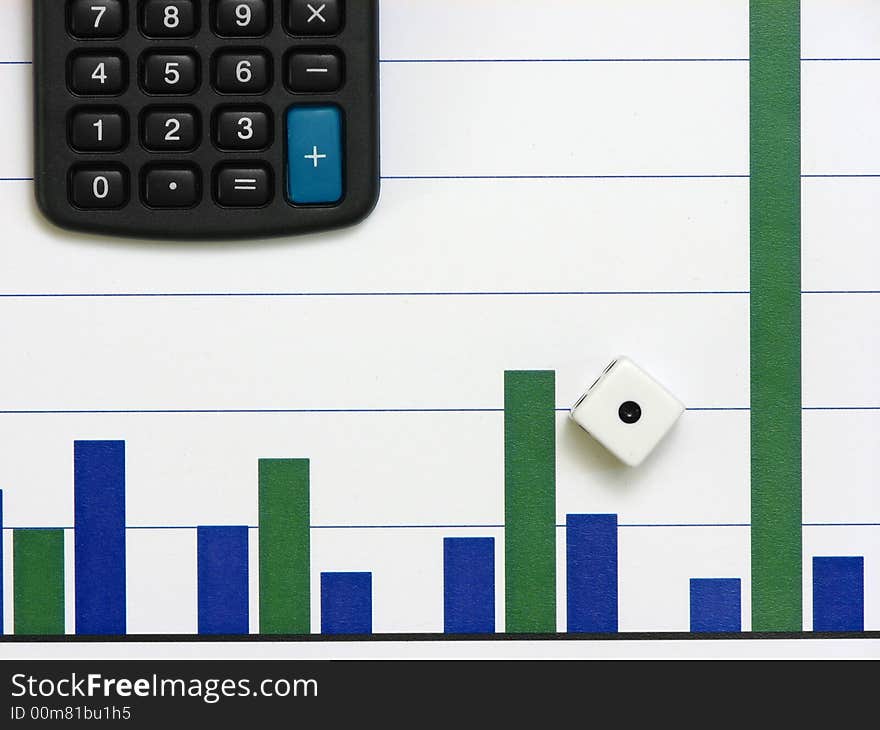 A calculator and a dice over a bar graph of increasing trend. A calculator and a dice over a bar graph of increasing trend