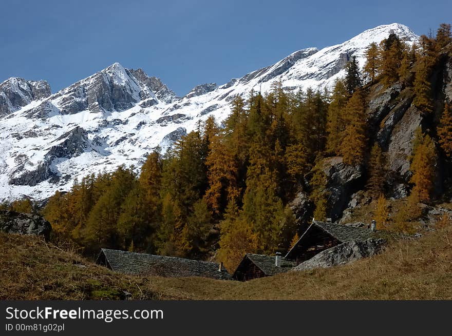 Mountain village during fall season; west Alps, Italy