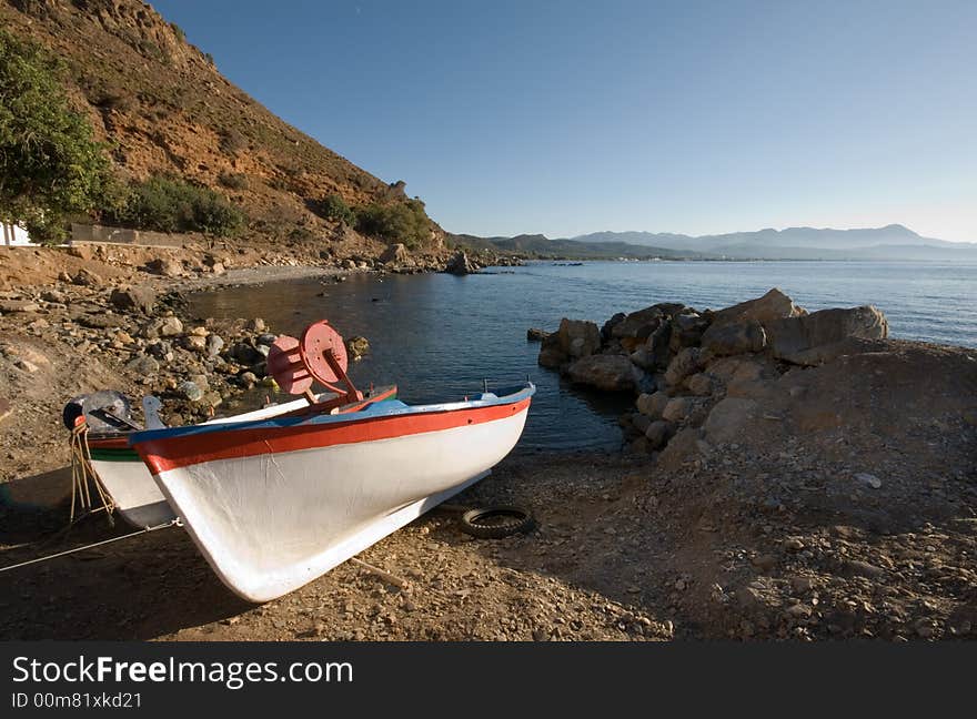 Coastal Seascape on the West Coast of Crete with local fishing boats. Coastal Seascape on the West Coast of Crete with local fishing boats